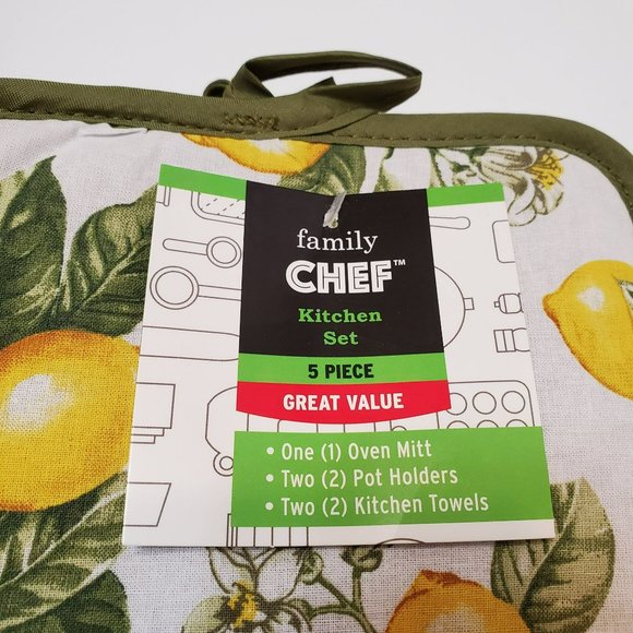 Lemon decor Kitchen Set, 5-pc, Towels Potholders Mitt, Green Yellow NWT - Picture 4 of 5